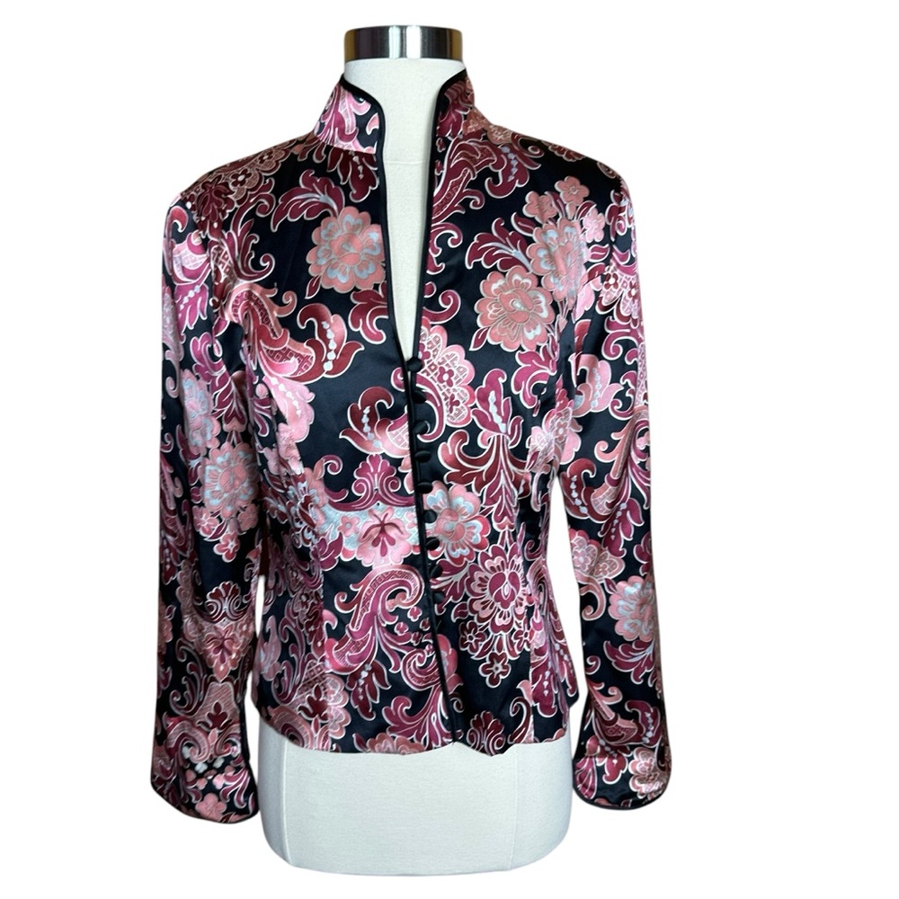JS Collections 90s Vintage Silk Mandarin Collar Floral Paisley Black Pink Jacket